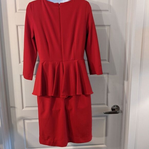 Belle Badgley Mischka Red Ruffed Pencil Dress with Quarter Length Sleeve - Picture 3 of 3